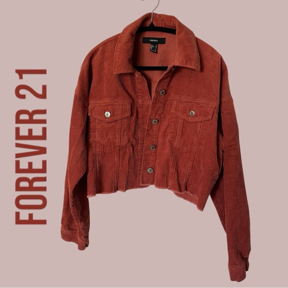 Forever 21 Corduroy Coral Red Crop Shacket Shirt Jacket Front Pockets Raw Hem L - Picture 1 of 7